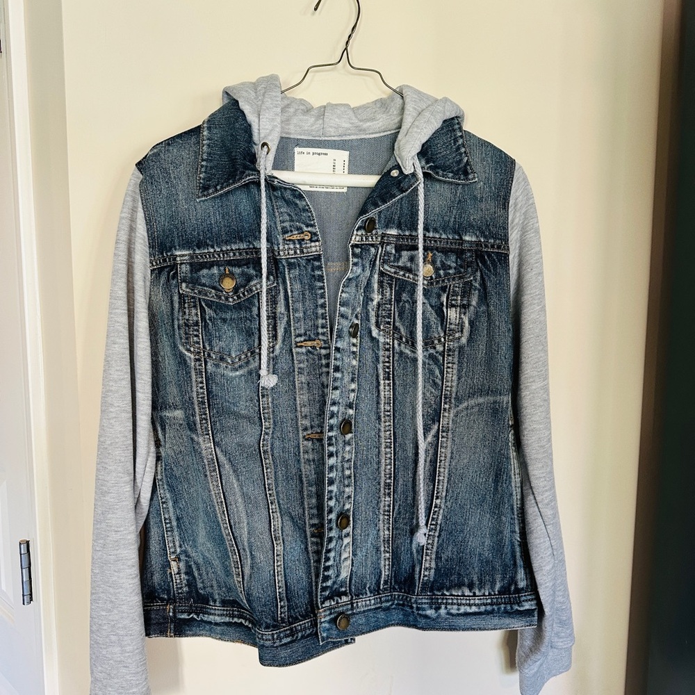 Life in Progress Blue Denim Jacket with Gray Hood